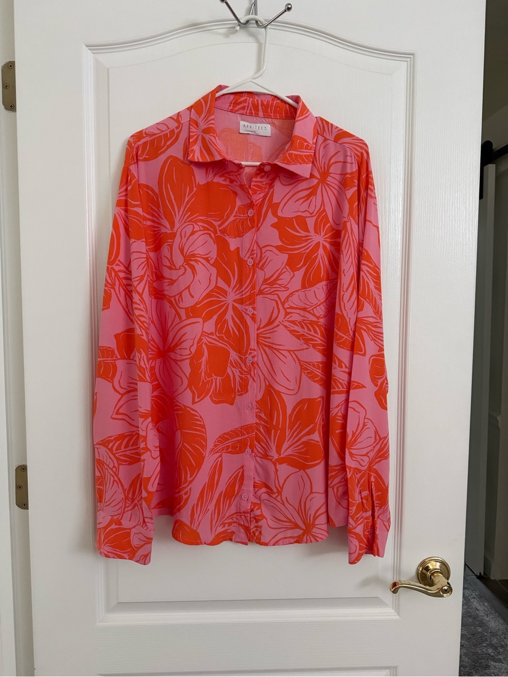 Women's Pink Floral Button-Down Shirt with Orange Print